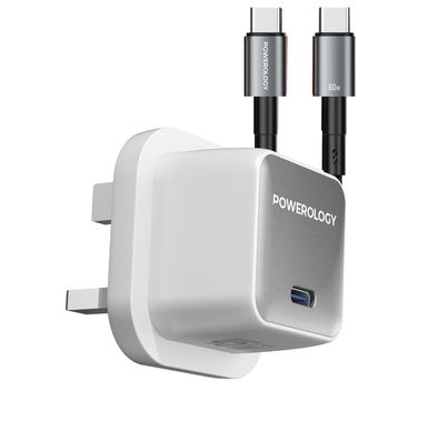 Powerology QX 45W Pocket-Sized GaN Adapter with Safety Protections, 1m USB-C to USB-C Cable Included, USB-C Port, Ultra-Compact Design, UK 3-Pin Plug, PD 45W - White / Silver