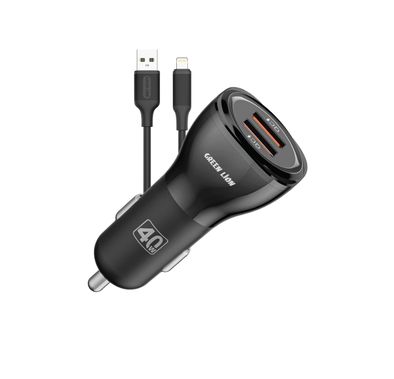 Green Lion Dual QC3.0 Car Charger with USB-A to Lightning Cable, PC Flame Retardant, 40W Power Output Max, Fast Charging, Multiple Protection, Ultra Portable, Compact Design - Black