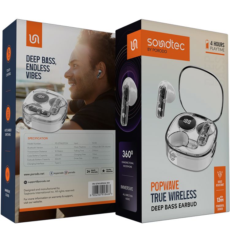 Porodo Soundtec Popwave True Wireless Earbuds with Up to 4 Hours of Playtime, 10m Transmission Distance, Bluetooth Version 5.4, 360° Omnidirectional Microphone - White