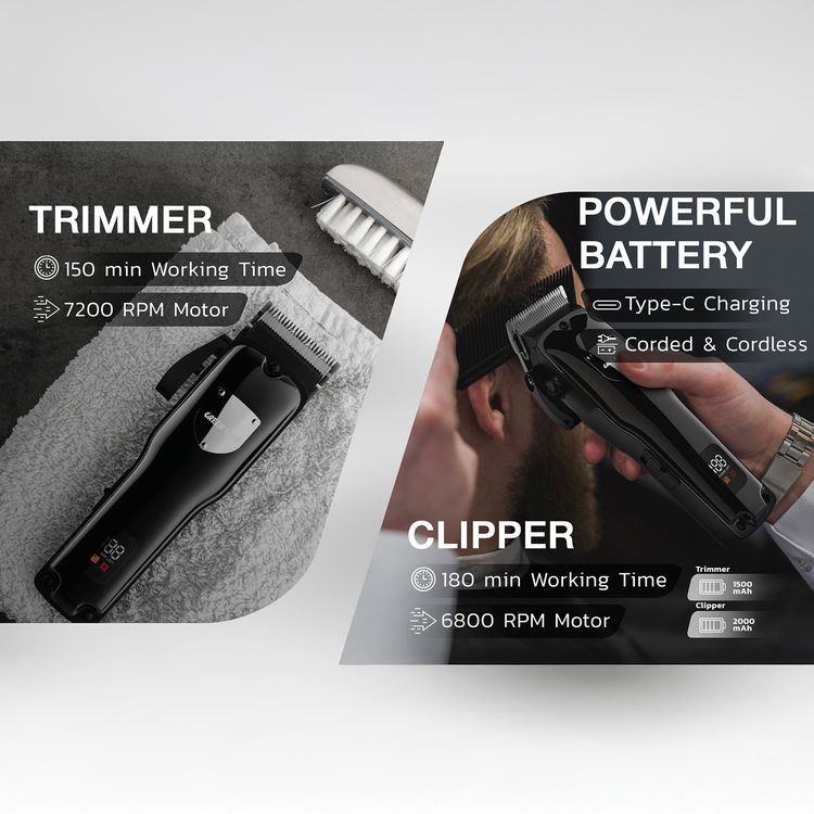 Green Lion Pro Trim Duo Hair Clipper 9-in-1 Package with Carrying Case, Digital Display, Taper Lever, Corded & Cordless - Black