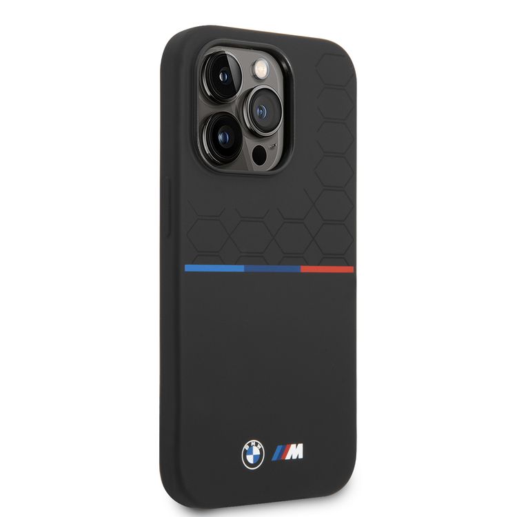 BMW M Collection Liquid Silicone Case Printed UV Varnish Pattern Tricolor Line & Logo iPhone 14 Pro Max Compatibility - Black