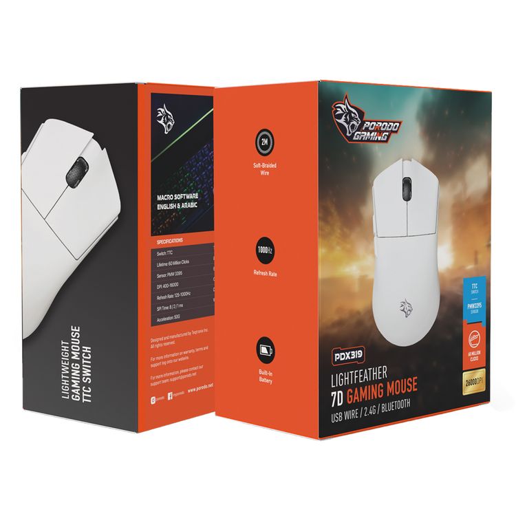 Porodo Gaming 7D Gaming Mouse with TTC Switch, Up to 83 Hours Battery Life, 60 Million Clicks Lifespan, 500mAh Battery Capacity, 2m Soft-Braided Wire, 1000Hz Refresh Rate - White