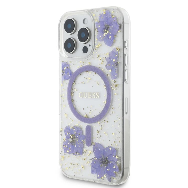 Guess MagSafe Hard Case with Resin Flowers Design for iPhone 16 Pro Max, Drop protection, Comfortable Grip - Purple