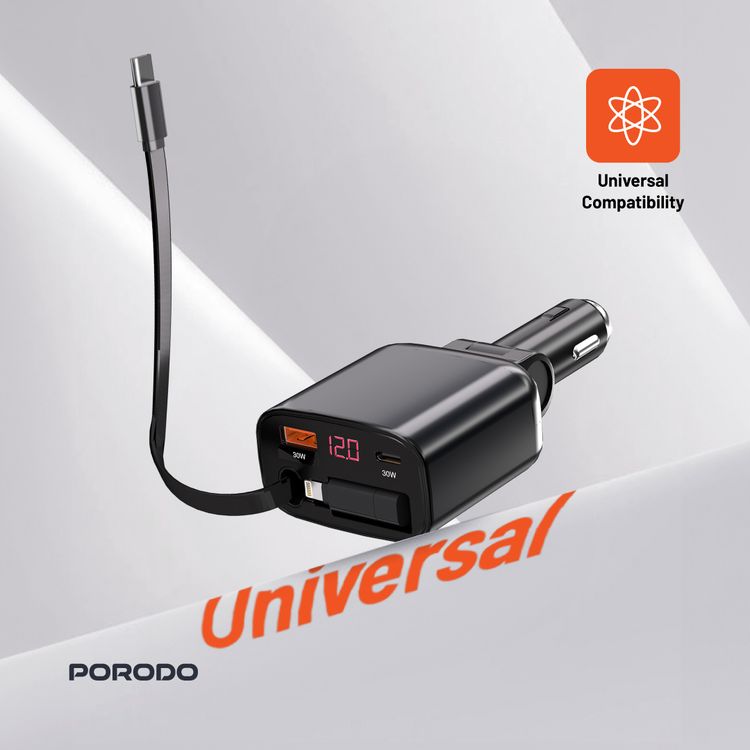 Porodo Dual Port & Connector Car Charger with Retractable Cable, 105W Total Output Power, Simultaneous Charging, USB-A & USB-C Ports, Type-C & Lightning Connectors, 80cm Cable Length, Digital Display, 27W Lightning Adapter, Universal Compatibility - Black