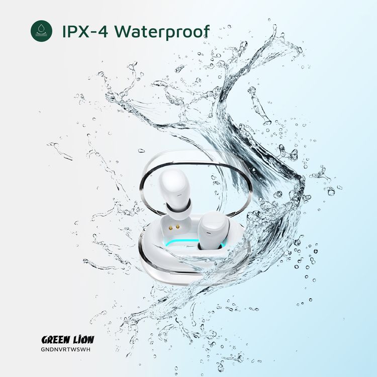 Green Lion Denver True Wireless Earbuds with IPX4 Waterproof, Voice Assistant, In-ear Comfort, Dual-Mic, Touch Control, 3 Hours Playtime - White