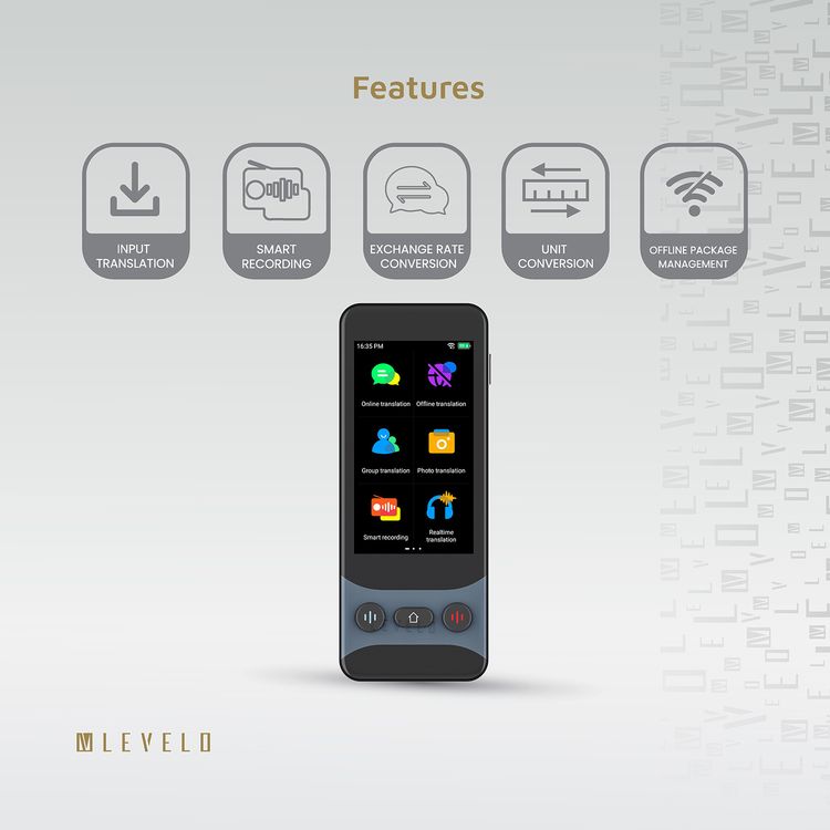Levelo FluentLink Offline & Online Voice Translator, Built-in ChatGPT, Unit Conversion, Exchange Rate Conversion - Gray