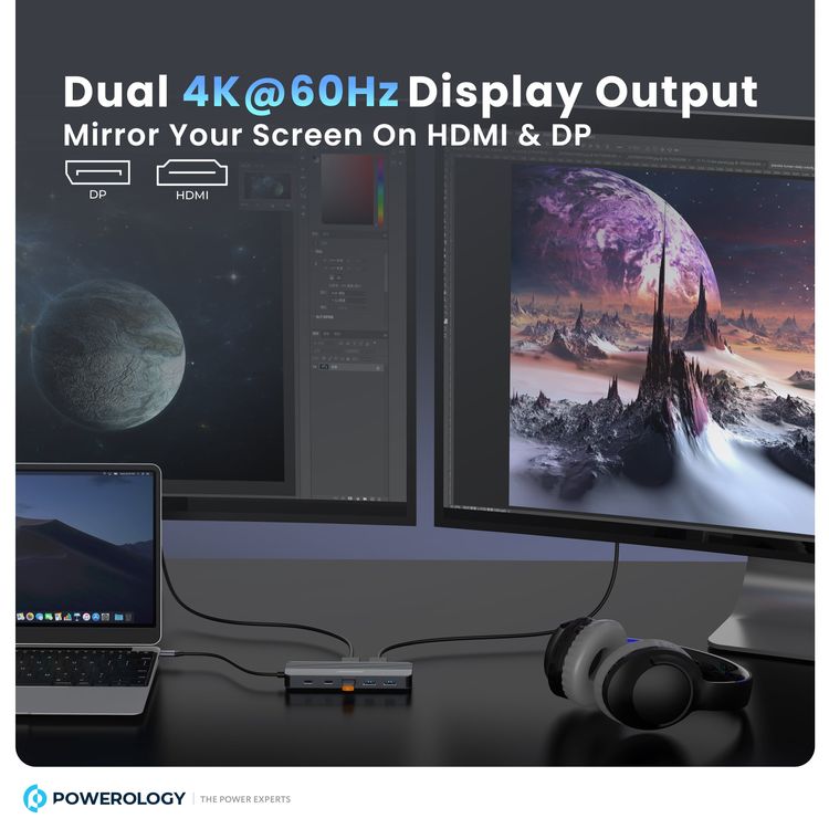 باورولوجي محور USB-C متعدد المنافذ 12 في 1 مع وضع عرض متعدد، توافق عالمي، شحن مرور، توصيل وتشغيل، مخرج فيديو مزدوج، تصميم مدمج من الألومنيوم.