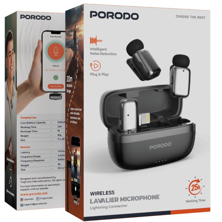 Porodo Wireless Lavalier Microphones with Lightning Connector, Noise Reduction, 33 Hours Working Time with Charging Case, 250mAh Case Battery Capacity, <22ms Latency, Plug & Play - Black