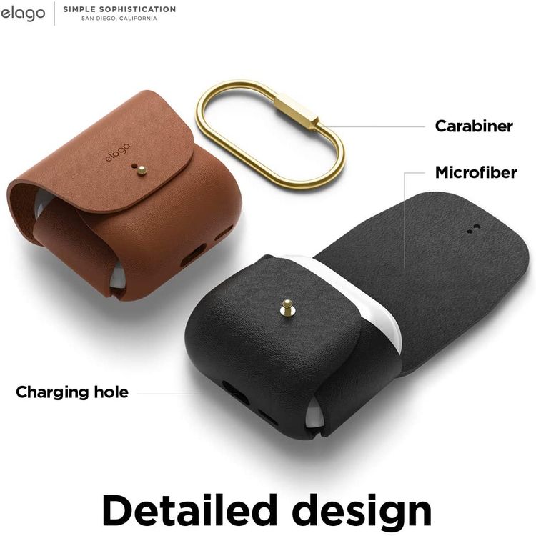 Elago Leather Case with Keychain Compatible with AirPods 3 Case, Natural Cowhide Leather Case with Brass Ring Holder, Supports Wireless Charging - Brown
