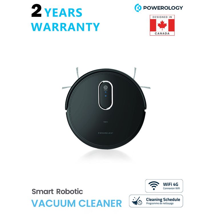 Powerology Smart Robot Vacuum Cleaner with Detection Sensors, 2000Pa Suction Power, 120 Minutes Working Time, Re-Washable HEPA Filter, Google Voice Assistant, 500mL Bin Capacity - Black