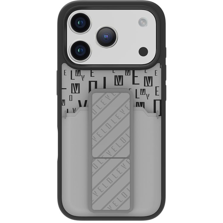 حافظة Levelo Morphix GripStand مع حامل بطاقات لجهاز iPhone 17 Pro، تصميم فاخر مطبوع بعلامة تجارية، ممتصة للصدمات، حواف مرتفعة للكاميرا والشاشة، حامل بحزام مغناطيسي - رمادي سحابي.
