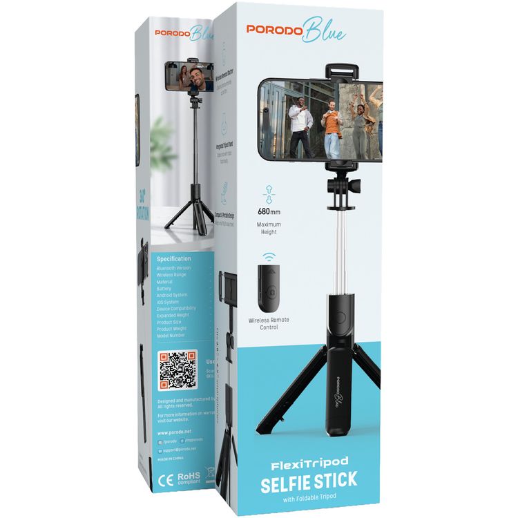Porodo Blue FlexiTripod Selfie Stick with Foldable Tripod, Wireless Remote Shutter, 360° Rotation, 4.0 Bluetooth Version, 10m Wireless Range, Stainless Steel Material - Black