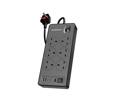 Powerology 2990W Power Strip with 6 AC Sockets, Dual USB-C & Dual USB-A Ports, UK 3-Pin Plug with 2m Length, Up to 99 Hours Timer Function, Digital Display - Black