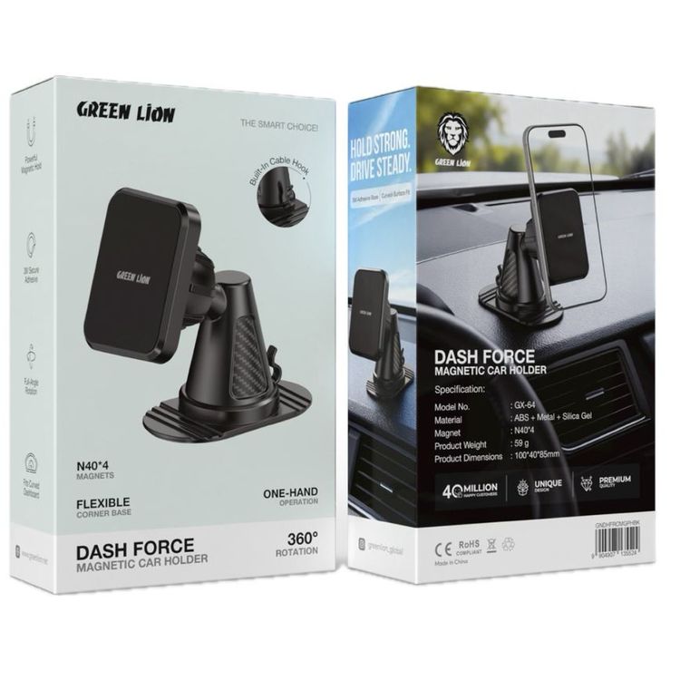 Green Lion Dash Force Magnetic Car Holder, 360° Rotation, One-Hand Operation, Built-in Cable Hook, 3M Adhesive Base - Black