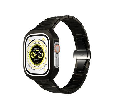 Levelo Royal Stainless Steel Strap & Case for Apple Watch 49mm, Butterfly Clasp, Adjustable Links, Quick & Convenient Removal - Black