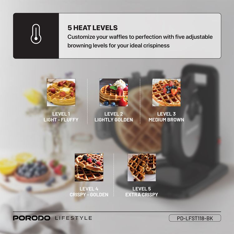 Porodo Vertical Waffle Maker with 5 Heat Levels, 210ml Capacity, 800W Power, Up to 5:30 Minutes Waffle Making Time, Non-Stick Plate, Batter Tray - Black