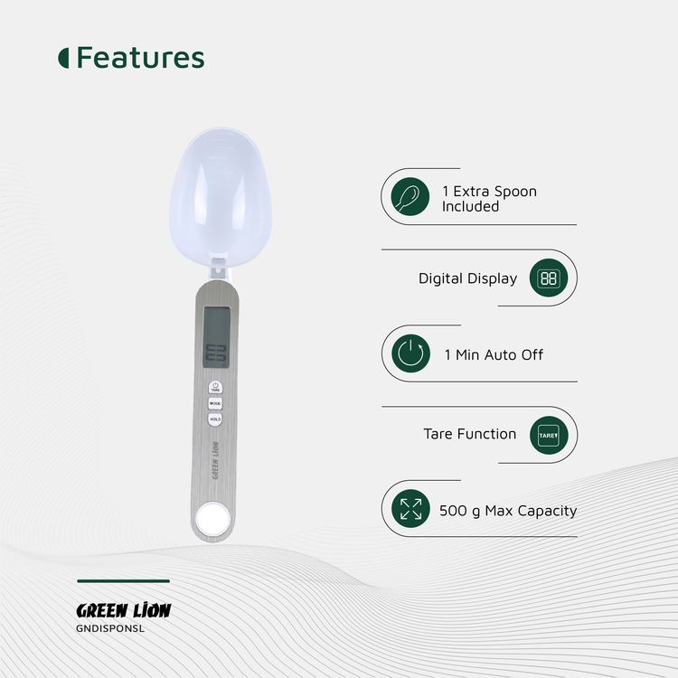 Green Lion Digital Spoon Scale with Digital Display, Tare Function, Overload Indicator, Low Battery Indicator, Extra Spoon Included, Stainless Steel + ABS Material - Silver 