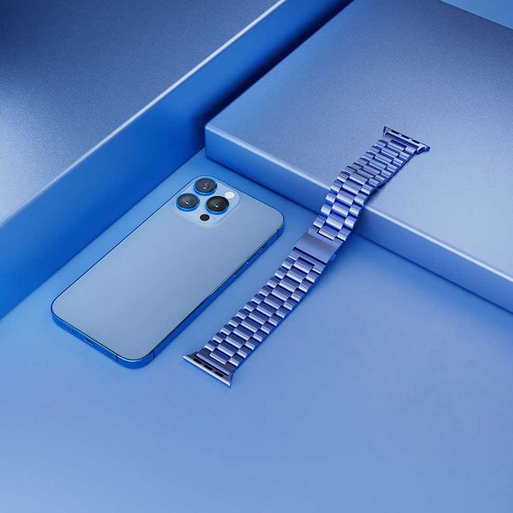 Levelo Daytona Watch Strap with Adjustable Links for Apple Watch 49/45mm, Anti-Oxidation Technology, Compatible with SE, Series 8, 7, 6, 5 & 4, Stainless Steel with Premium Metal Finish - Blue