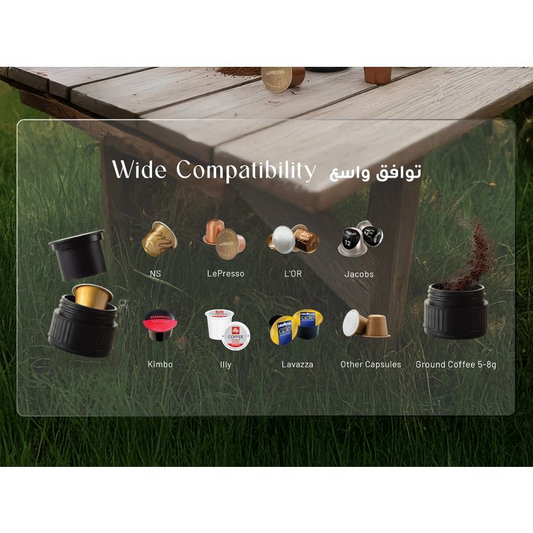 ماكينة صنع الإسبريسو المحمولة الصغيرة من LePresso، سعة خزان المياه 80 مل، منفذ شحن من النوع C، مصنوعة من الفولاذ المقاوم للصدأ بدرجة الغذاء - أسود