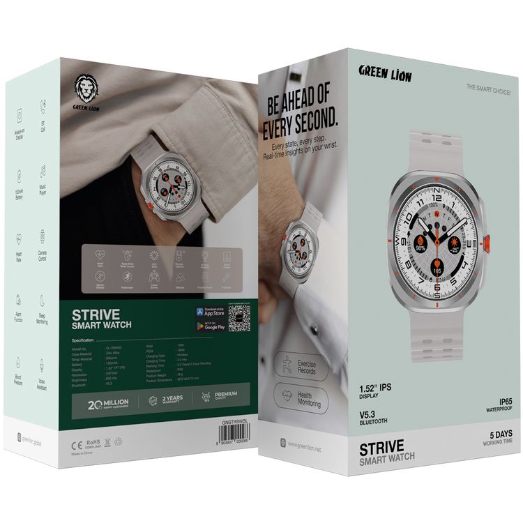 Green Lion Strive Smart Watch with 1.52" IPS Display, Bluetooth Version 5.3, IP65 Waterproof, 5 Days Working Time, Health Monitoring, Sport Modes, 150mAh Battery Capacity, Wireless Charging Type, 2-3 Hours Charging Time, LED Torch, Remote Capture - Silver