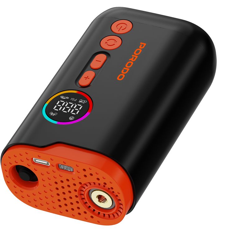 Porodo Electric Air Inflator with 150PSI High-Pressure Power, 4 Inflation Mode, 30cm Cable Length, USB-C Charging Cable, Up to 5 Hours Charging Time, Detects Air Pressure - Black
