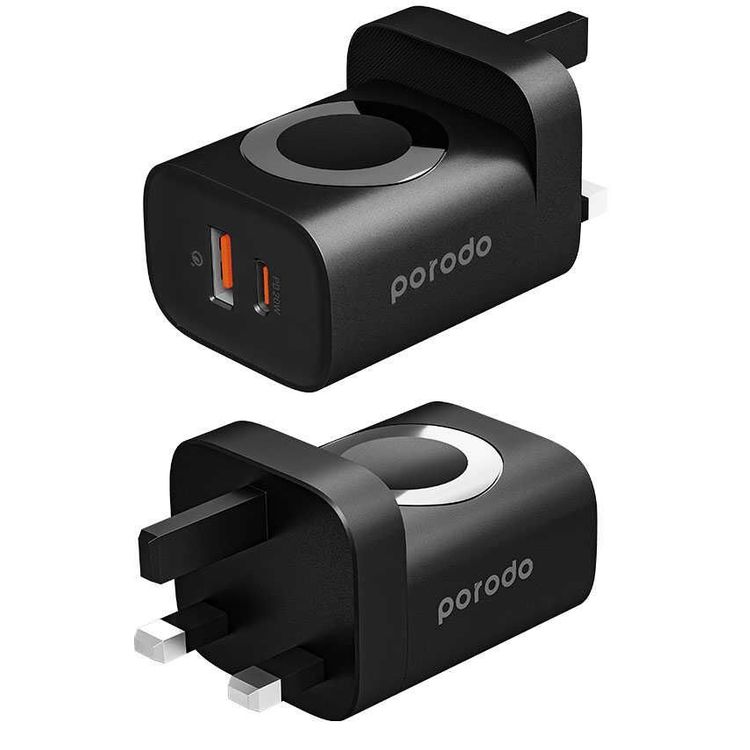 Porodo Dual Port Multi-Device Wall Charger with Integrated Watch Charger - Black