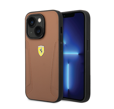 Ferrari Leather Case With Hot Stamped Sides & Yellow Shield Logo - iPhone 14 - Camel