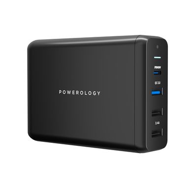 Powerology 4-Port Quick Charge Power Terminal with 75W Power Delivery, Simultaneous Charging, QC 18W, PD 60W, 0%-60% Charge in 35 Minutes, UK 3-Pin Plug - Black