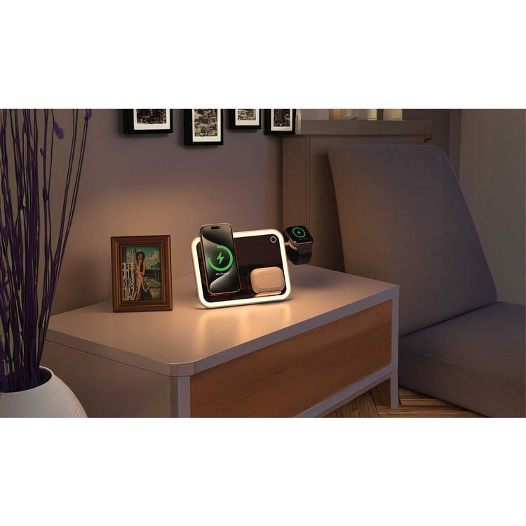 Porodo Multi-Device Wireless Charging Mirror with LED Night Light, Adjustable Stainless Steel Stand, 10W MagSafe Output, 5W Earbuds Output, 3W Watch Output, 0-40°C Operating Temperature - White