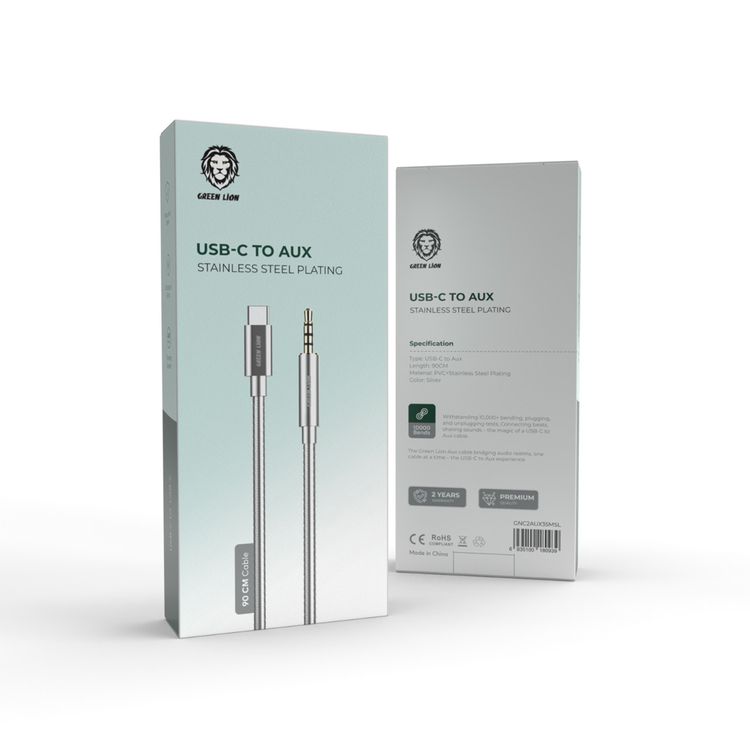 Green Lion USB-C to AUX Cable with 90cm Length, PVC & Stainless Steel Plating Material, Stable Signal, Durable Design, 10000 Bends Lifespan - Silver