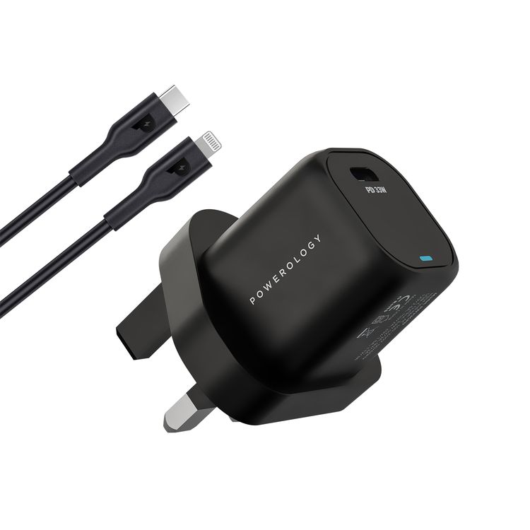 Powerology 33W GaN PD Charger with 1.2m USB-C to USB-C Cable, UK 3-Pin Plug, Built-in Safeguards, 0%-60% Charge in 30 Minutes, USB-C Fast Charging - Black