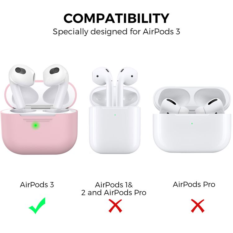 AhaStyle PT176-PK Full Cover Silicone Case for Airpods 3 Drop Shock Protection, Front LED Visible Cover with Carabiner Suitable with Wireless Chargers - Pink