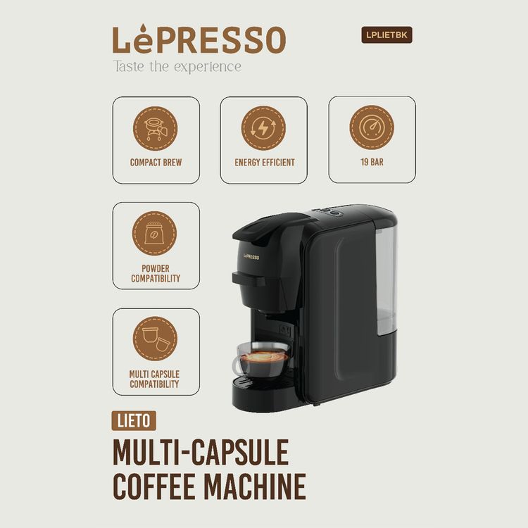 LePresso Lieto Multi-Capsule Coffee Machine with 600mL Water Tank Capacity, Fast & Efficient Brew, 19 Bar Pump, Energy Efficient, User Friendly Interface - Black