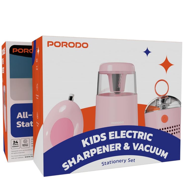Porodo Kids Electric Sharpener & Vacuum Stationery Set with Child-Friendly Design, Type-C Charging Port, Desktop Vacuum Cleaner, Electric Eraser, Stapler & more - Pink