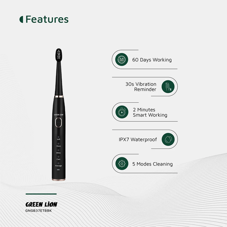 Green Lion GB-37 Electric Toothbrush with 5 Cleaning Modes, 60 Days Working Time, Waterproof, Ergonomic Design, 500mAh Battery Capacity, LED Indicator - Black  
