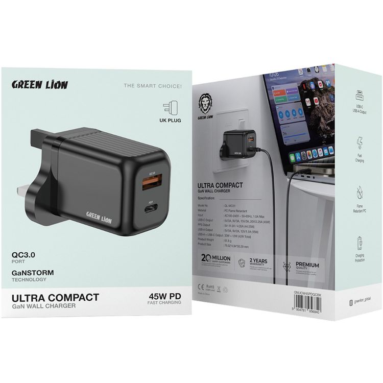 Green Lion Ultra Compact GaN Wall Charger with PD 45W, QC 18W, USB-A & USB-C Ports, 3-Pin UK Plug, PC Flame Retardant Material, Charging Protection, GaNStorm Technology - Black