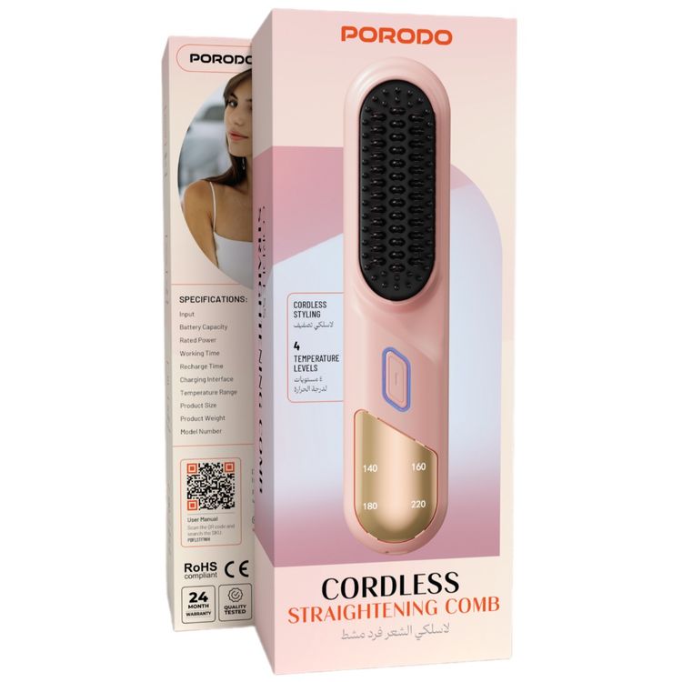 Porodo Cordless Straightening Comb with 4 Adjustable Temperature Levels, Smooth Ceramic Teeth, Fast PTC Heating, 40 Minutes Working Time, 4000mAh Battery Capacity, USB-C Fast Charging, Auto Shut-Off Safety - Pink