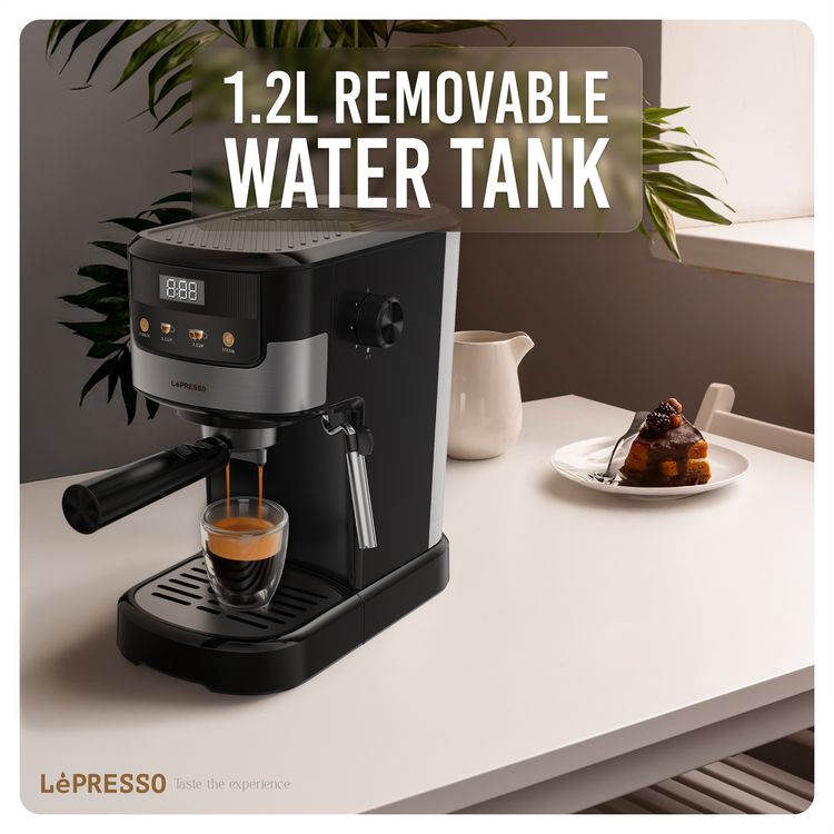 LePresso Suprema Espresso Machine, Minimal Device, Two Cups Dual, Touch Display, Nespresso Compatible, Milk Steamer, Intuitive Screen, 1.2L Water Tank Capacity, 1100W Power Rate - Black