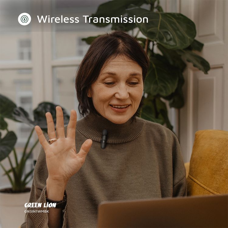 مايكروفون جرين ليون 3 في 1 موصل Type C/Lightning/AUX، عمر البطارية 3-4 ساعات، مسافة نقل تصل إلى 30 متر، تأخير نقل 30 مللي ثانية، يشمل حقيبة حمل - أسود