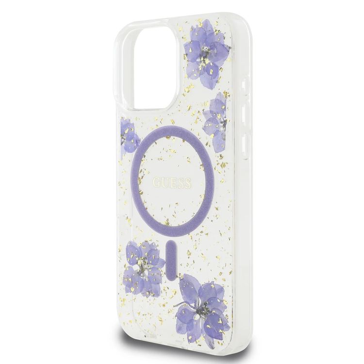 Guess MagSafe Hard Case with Resin Flowers Design for iPhone 16 Pro Max, Drop protection, Comfortable Grip - Purple