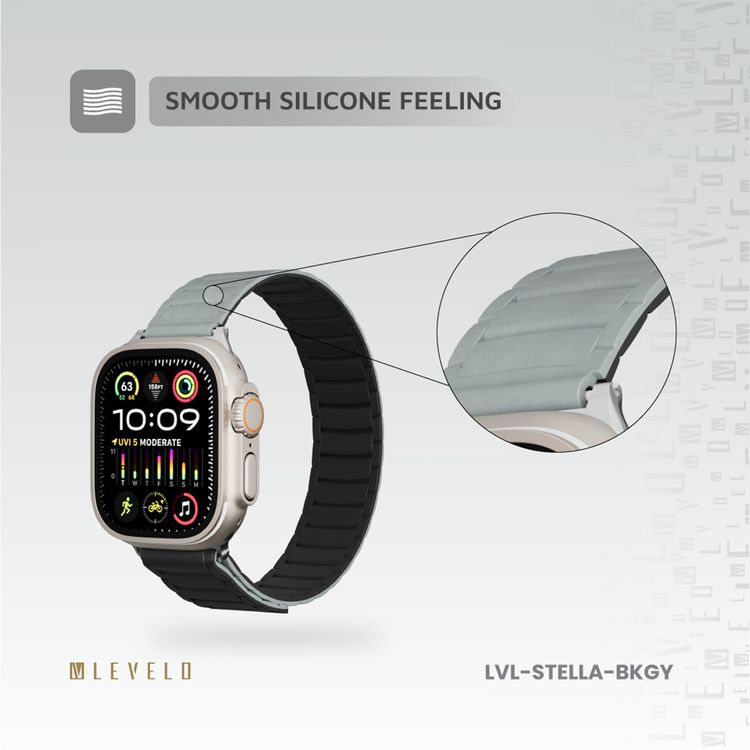 شريط ساعة Levelo Stella سيليكون مع مغناطيس، متوافق مع الساعات الذكية 49/46 ملم و Apple Watch SE، السلسلة 9، 8، 7، 6، 5، قابل للارتداء بلونين، مصنوع من مادة مضادة للحساسية، سهل التركيب، مقاوم للعرق، مقاوم للماء - أسود / رمادي.