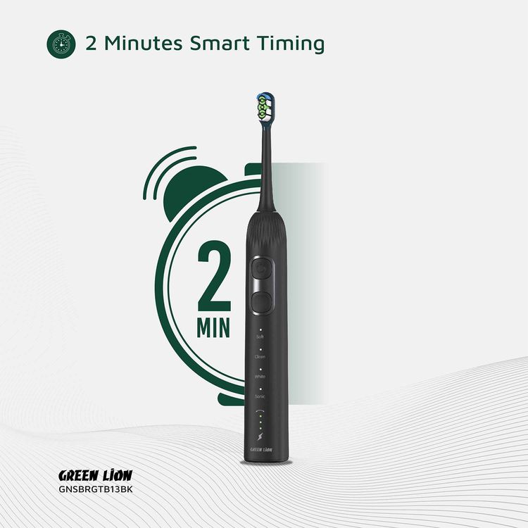 Green Lion Smart Brush 60° Ultrawide with Multifunctional Servo Motor, 2 Minutes Smart Timing, Up to 80 Uses Possible Per Each Charge, Soft Silicone Support, Travel Case Included, 60° Rotation, 30 Seconds Vibration Reminder - Black