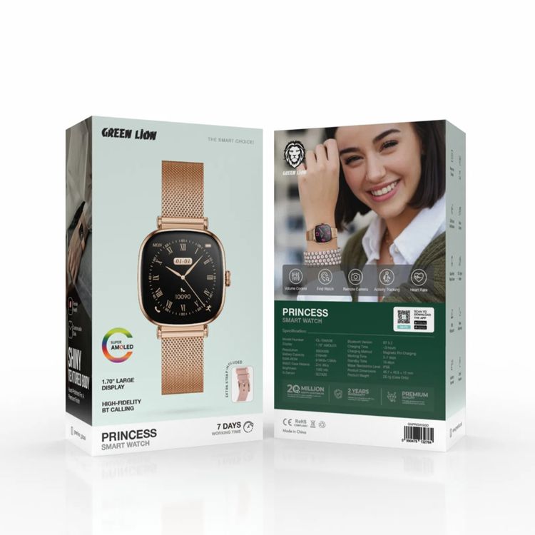 Green Lion Princess Smart Watch, Extra Strap Included, Find Watch, Blood Pressure,  Sleep Monitoring,  Music Control, Call & Social Notifications - Glossy Gold