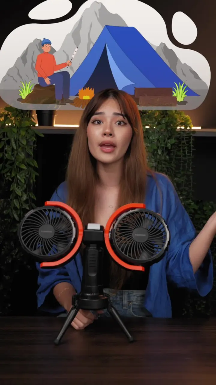 Porodo Lifestyle Dual-Head Oscillating Fan with LED Light, Power Bank, ABS & PP Material, 8000mAh Battery Capacity, Stable Tripod Base, Type-C Charging Port, 4 Levels Fan Speed, Hidden Hook - Black