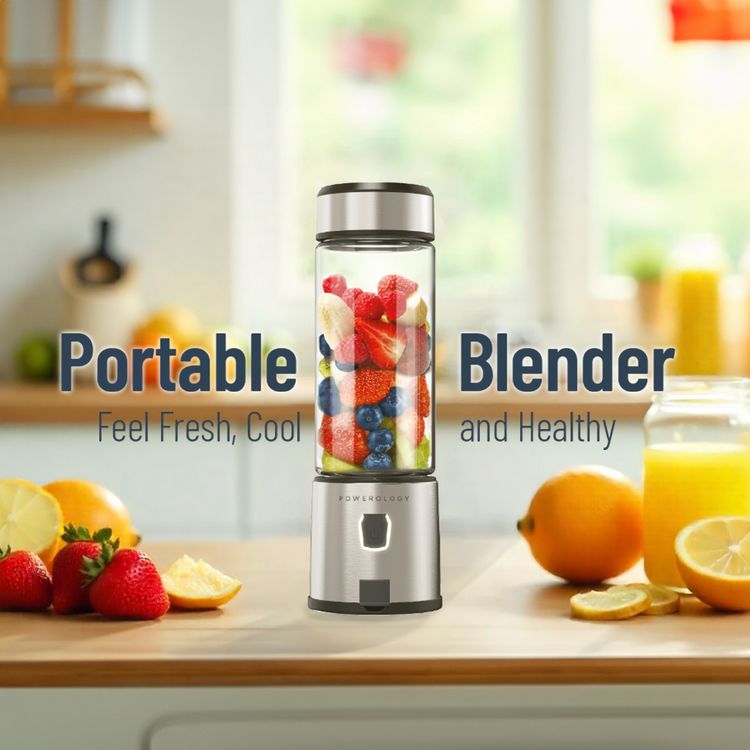 Powerology 6-Blade Portable Juicer with 450ml Capacity, Safety Switch, 126W Motor, Glass Container, USB-C Charging Port, 16500 RPM Speed, Ice Crusher, Stainless Steel Blades - Silver