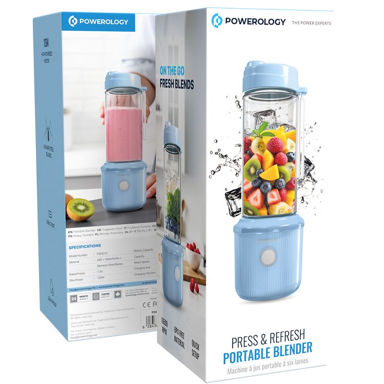 Powerology Press & Refresh Portable Blender with 450mL Capacity, 126W Motor Power, Sharp Steel Blades, Leakproof, BPA-Free Material, 16500RPM Motor Speed - Light Blue