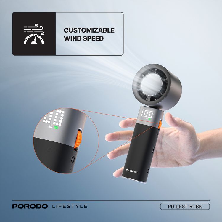 Porodo Lifestyle Handheld Turbo Fan with 100-Level Wind Speed Adjustment, Up to 4 Hours of Working Time, 13000RPM Operating Speed, Integrated Flashlight, 90° Folding Design - Black