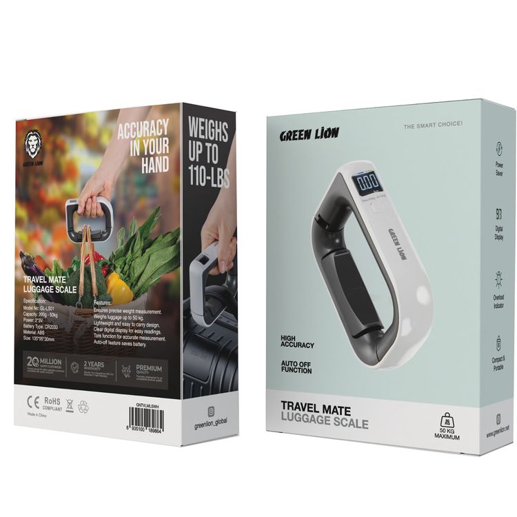 Green Lion Travel Mate Luggage Scale with Digital Display, High Accuracy, Overload Indicator, 200g - 50kg Capacity, CR2032 Battery, ABS Material - White