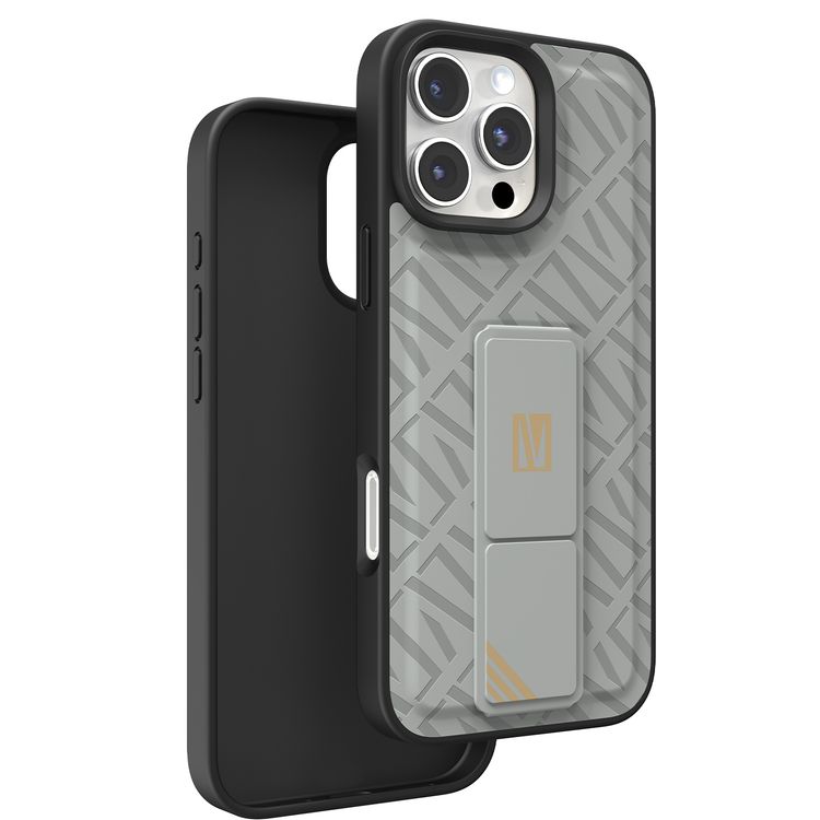 كفر حماية ليفيلو مورفيكس كويرو بمسند لهاتف آيفون 16 برو ماكس، قبضة مدمجة، سهل التركيب، زوايا مقاومة للصدمات - رمادي