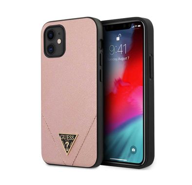 CG Mobile Guess PU Saffiano V Stitched w/ Metal Logo Case for iPhone 12 Mini (5.4") Officially Licensed, Shock Resistant, Scratches Resistant, Easy Access to All Ports, Cameras - Pink